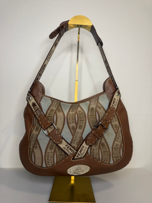 Archival Vintage Fendi Selleria Logo Canvas and Leather Buckle Hobo Bag by Karl Lagerfeld