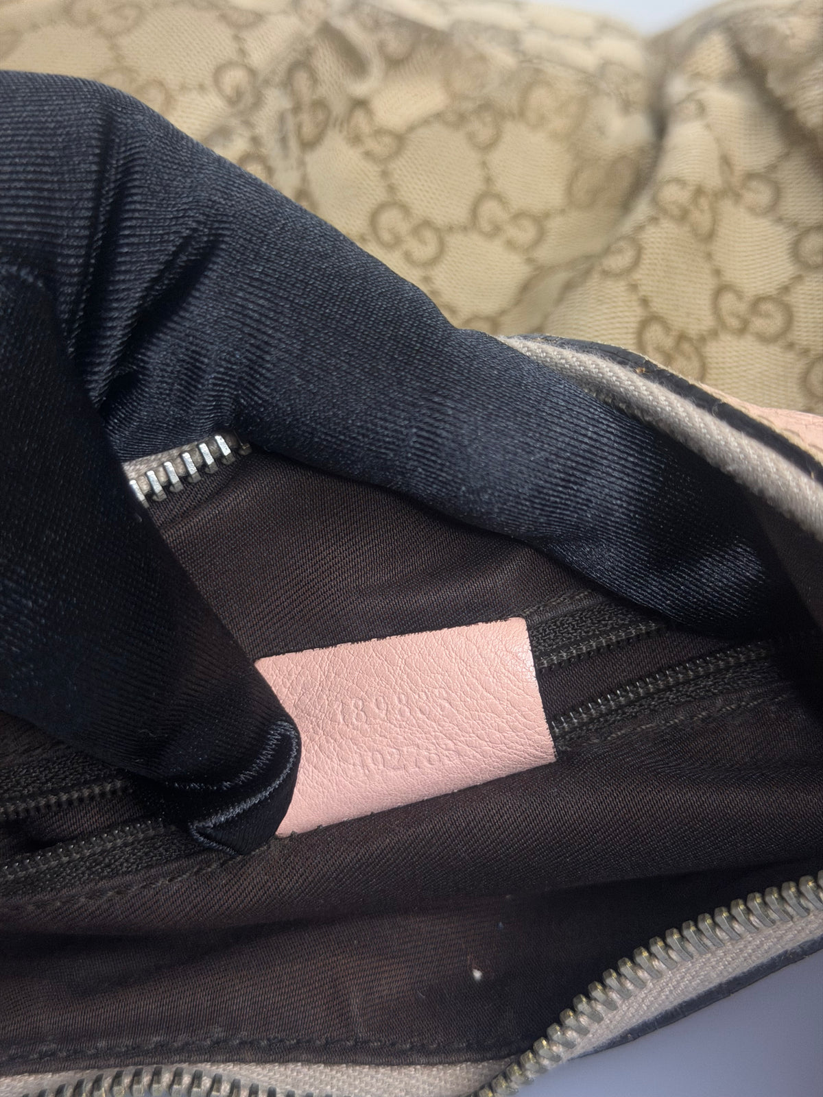 Gucci Abbey D-Ring Monogram Hobo Bag with Pastel Pink Leather Trim