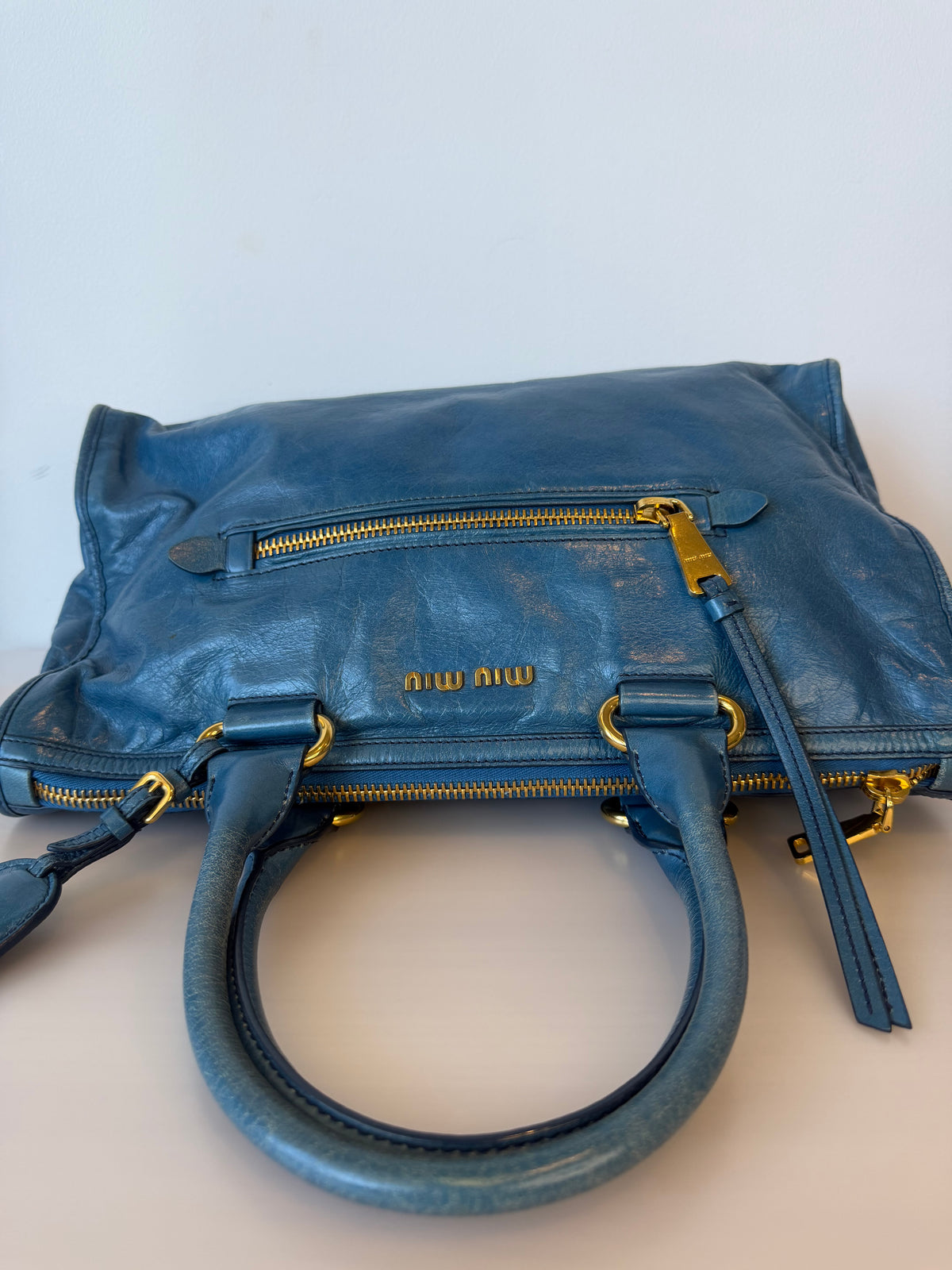 Miu Miu Vitello Shine Bauletto / Zip Tote - Oceano Blue