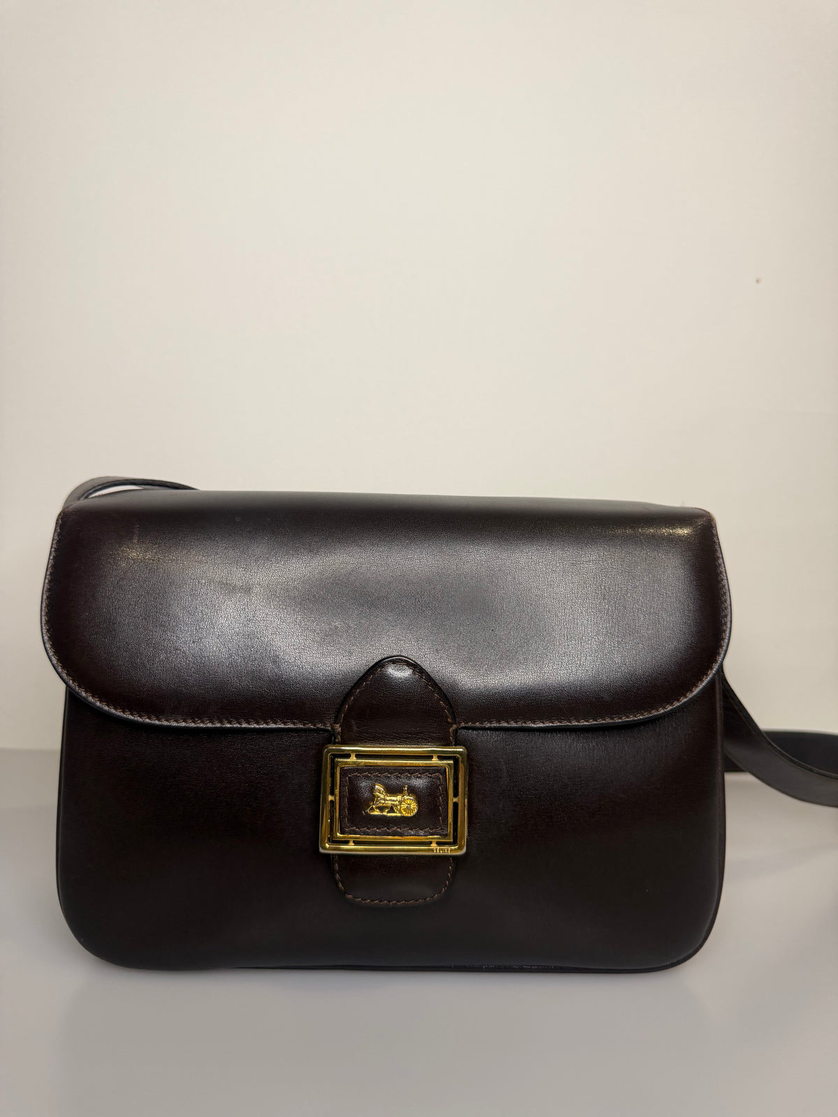 Archival Vintage Celine Paris Horse Carriage Box Shoulder Bag - Dark Brown
