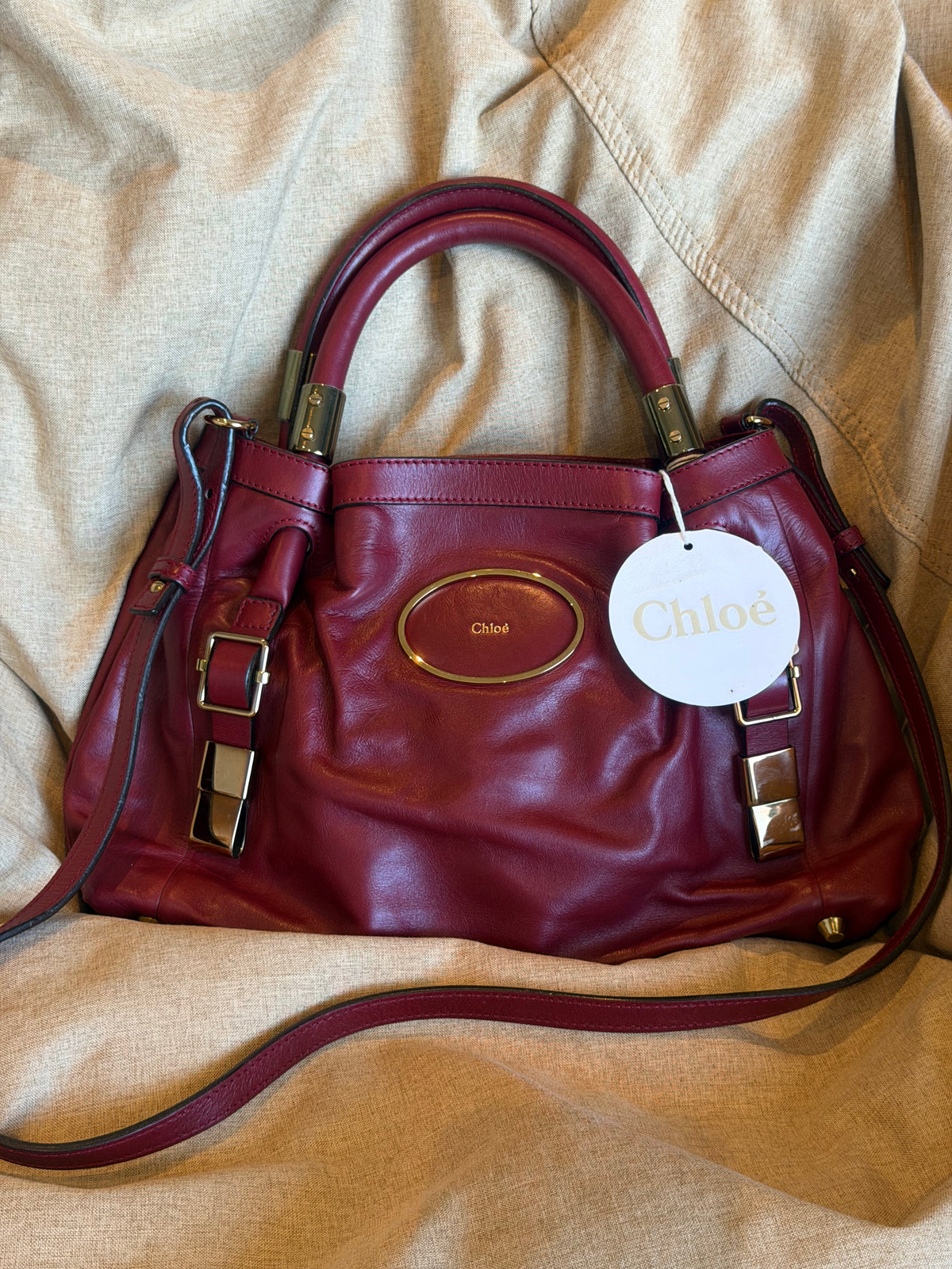 Chloé Victoria Calfskin Two-Way Bag – Burgundy
