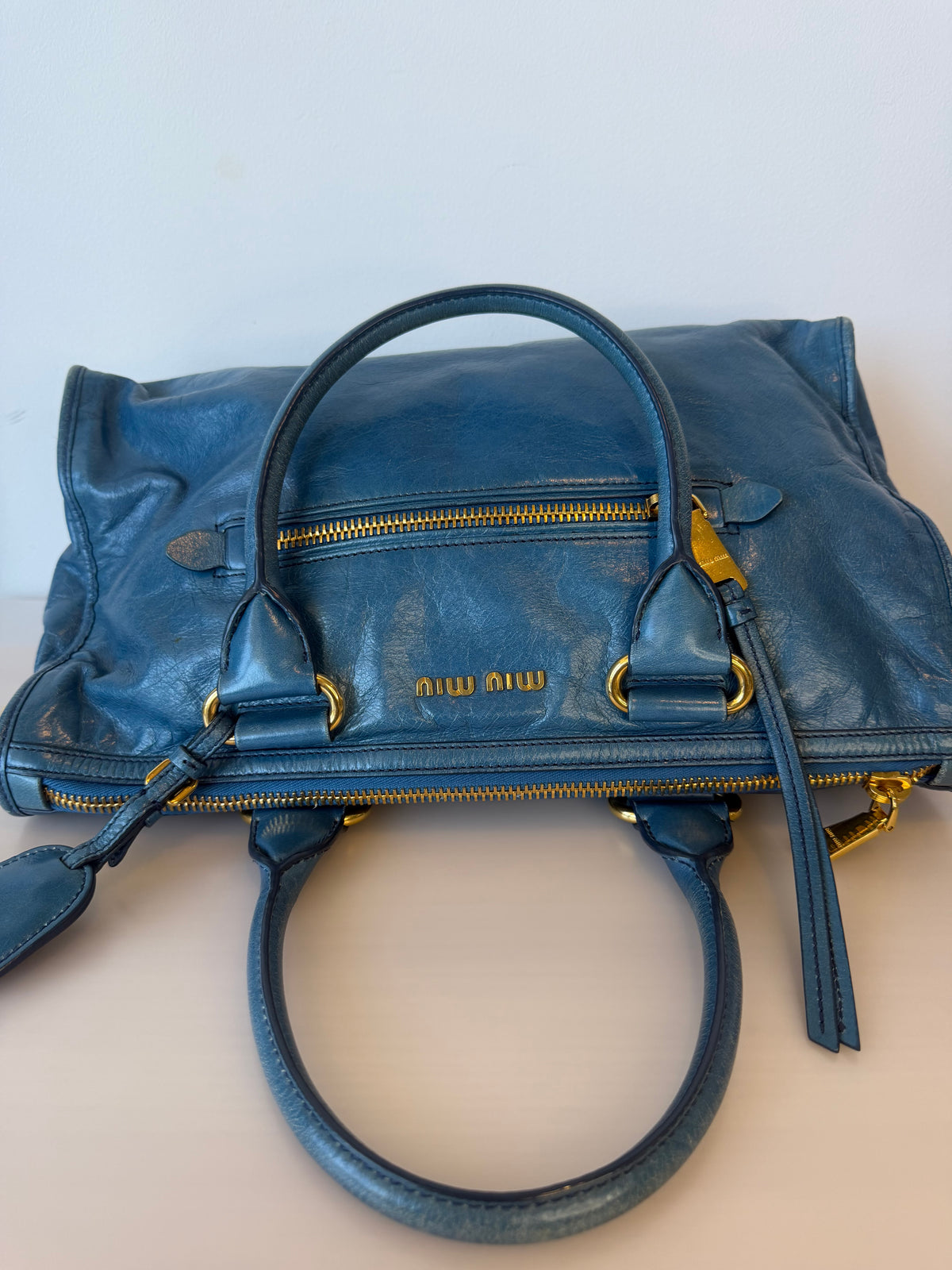 Miu Miu Vitello Shine Bauletto / Zip Tote - Oceano Blue
