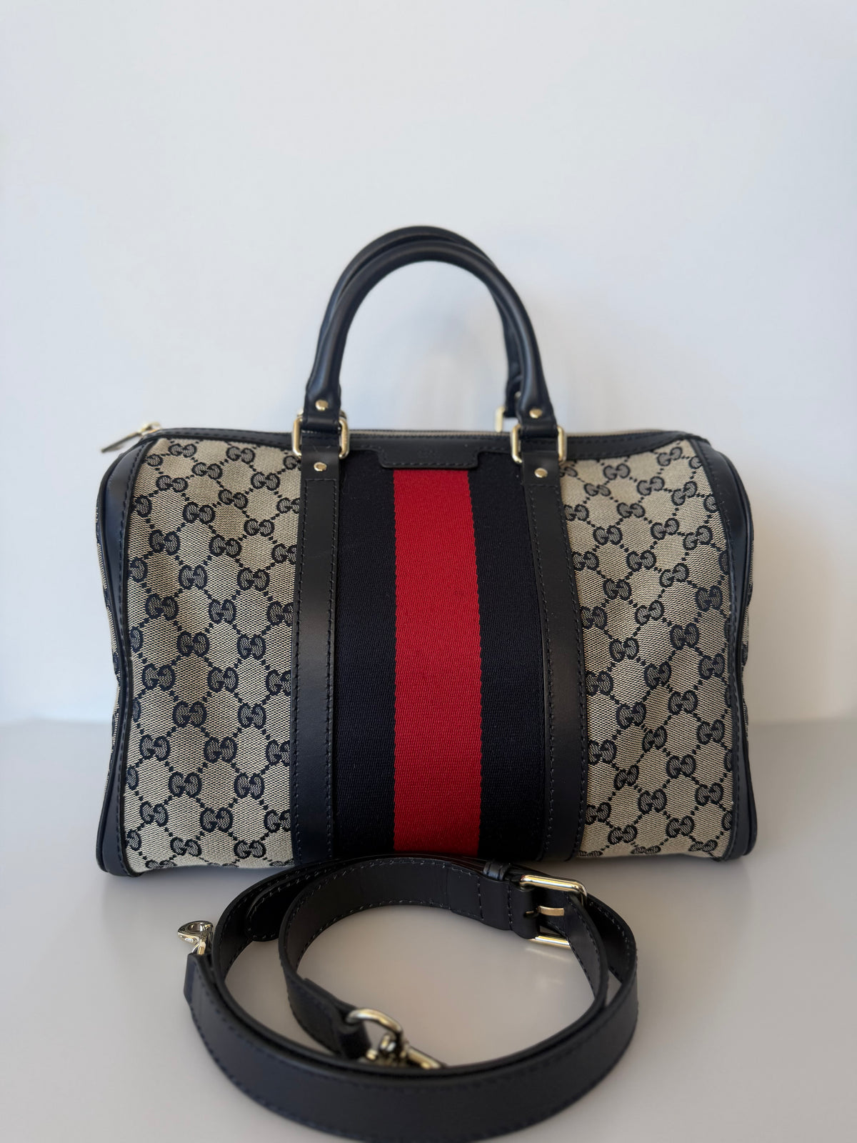 Vintage Gucci Web Original Medium GG Boston Bag - GG Canvas/Dark Navy