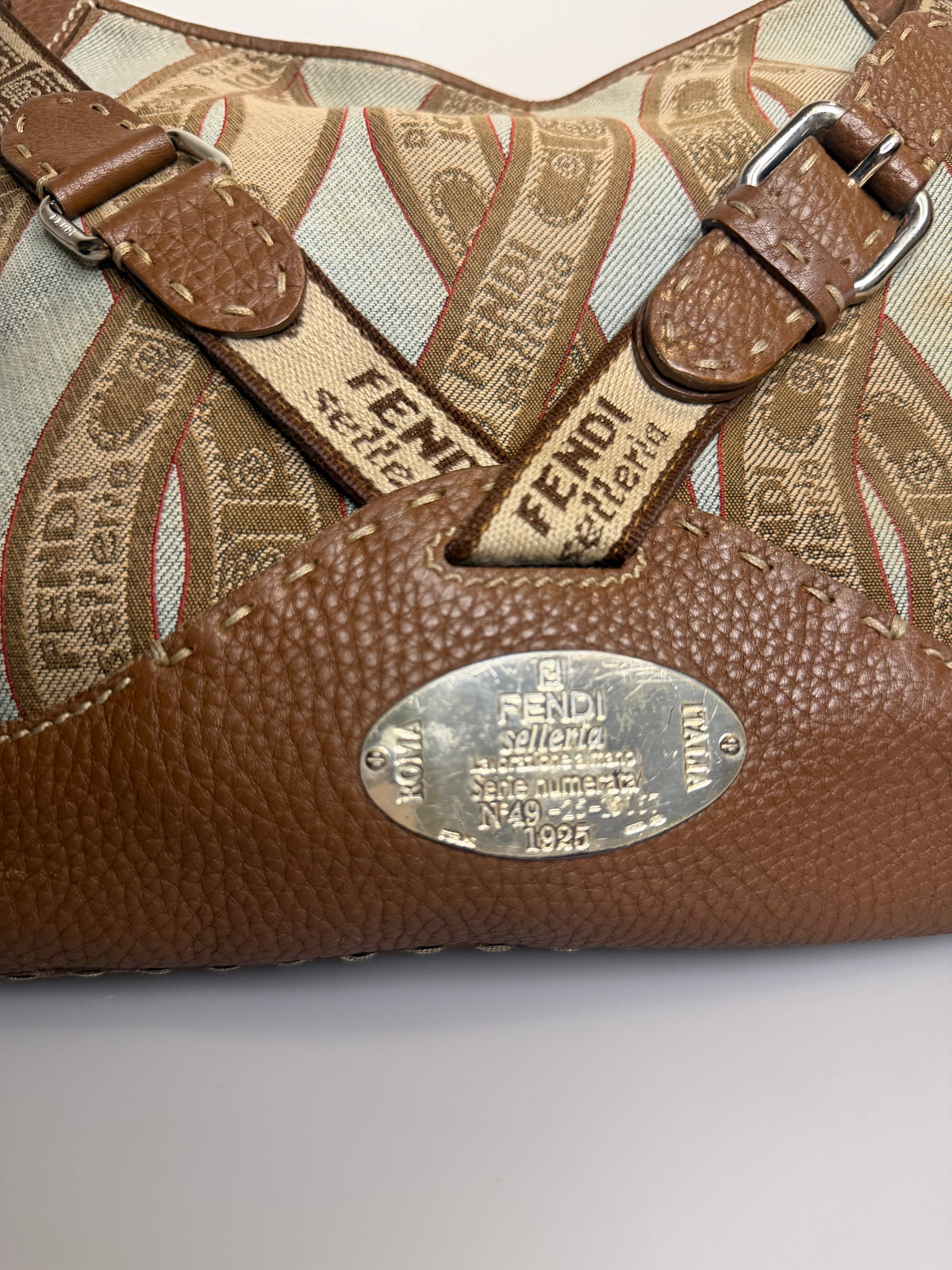 Archival Vintage Fendi Selleria Logo Canvas and Leather Buckle Hobo Bag by Karl Lagerfeld