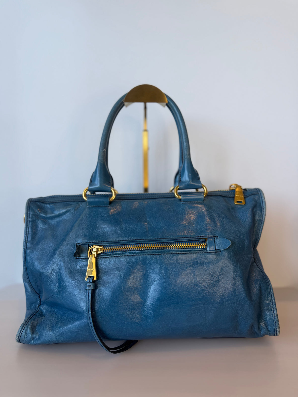 Miu Miu Vitello Shine Bauletto / Zip Tote - Oceano Blue
