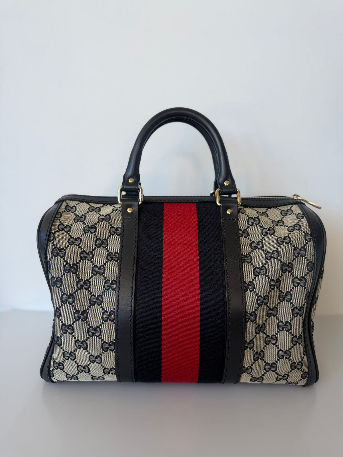 Vintage Gucci Web Original Medium GG Boston Bag - GG Canvas/Dark Navy