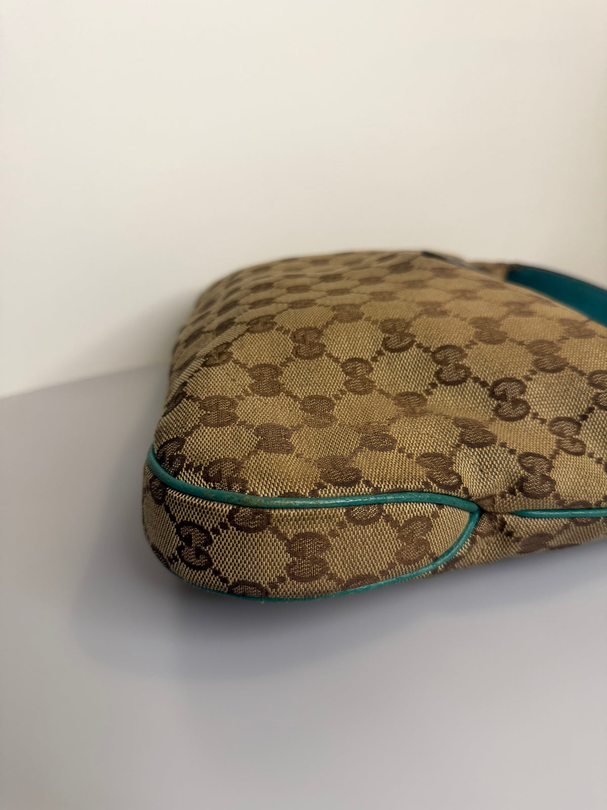 Vintage Gucci Jackie O GG Monogram Shoulder Bag — Turquoise Leather Trims