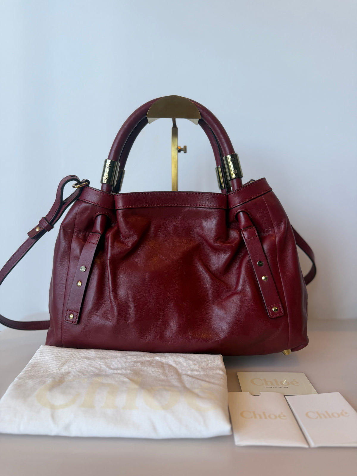 Chloé Victoria Calfskin Two-Way Bag – Burgundy