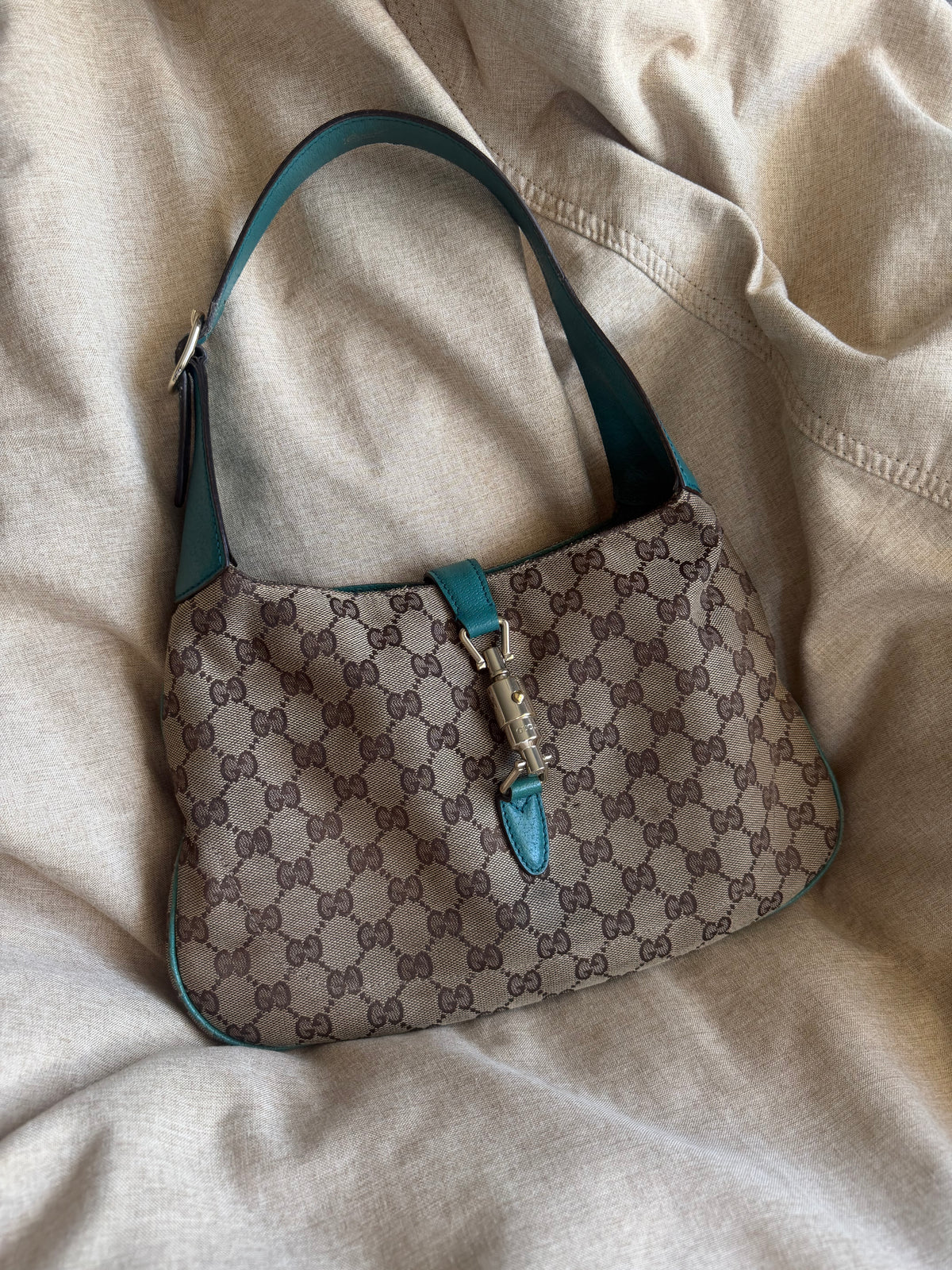 Vintage Gucci Jackie O GG Monogram Shoulder Bag — Turquoise Leather Trims