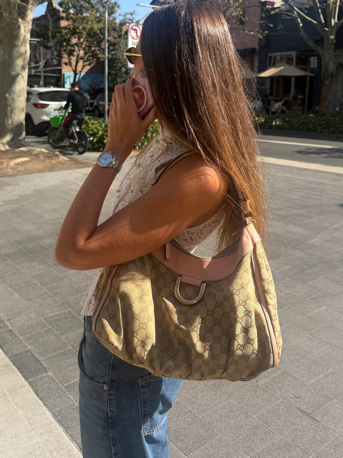 Gucci Abbey D-Ring Monogram Hobo Bag with Pastel Pink Leather Trim