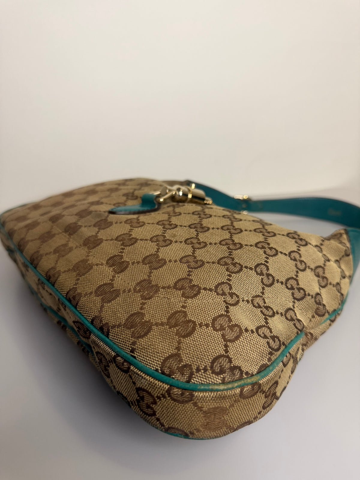 Vintage Gucci Jackie O GG Monogram Shoulder Bag — Turquoise Leather Trims