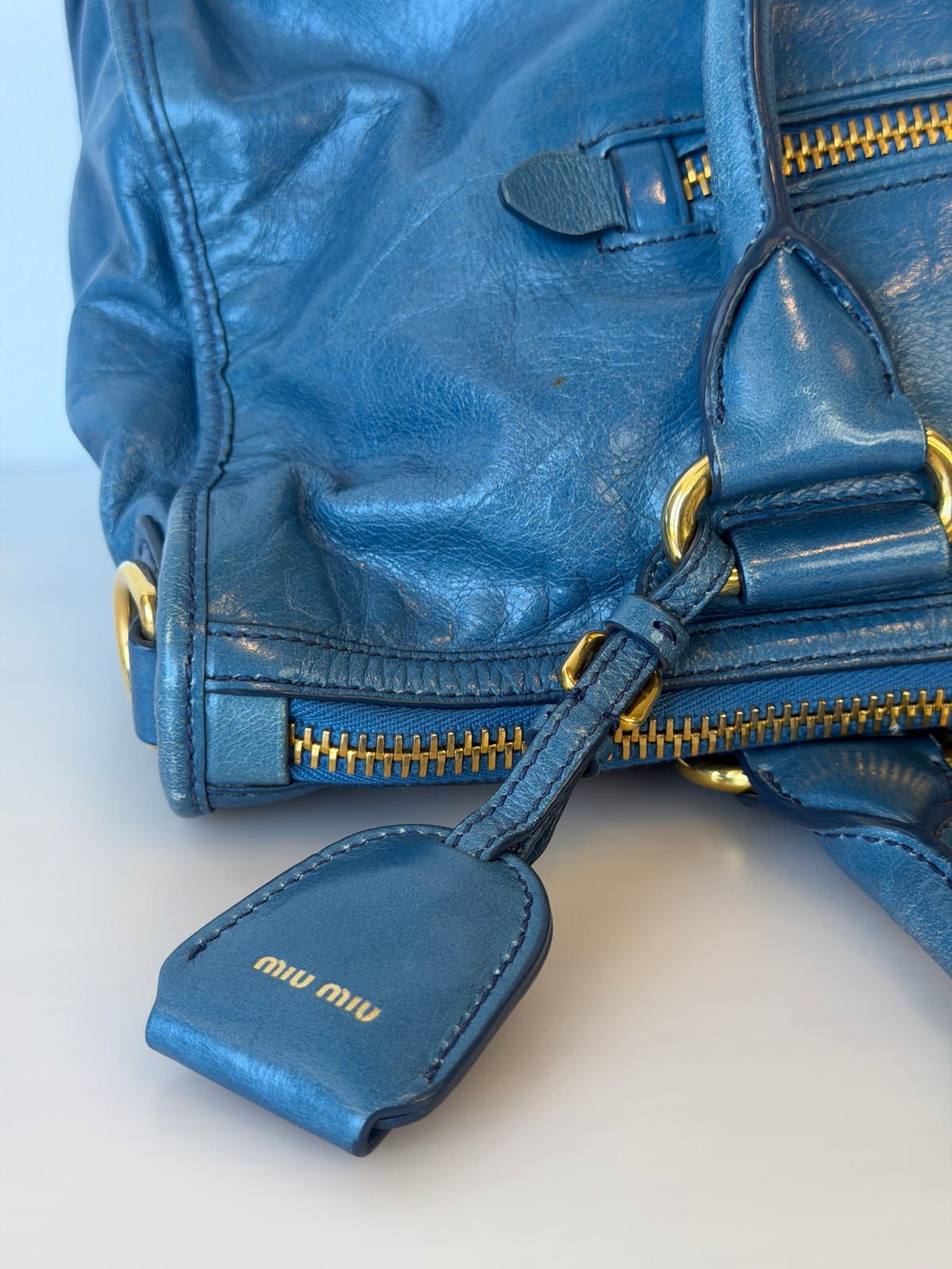 Miu Miu Vitello Shine Bauletto / Zip Tote - Oceano Blue