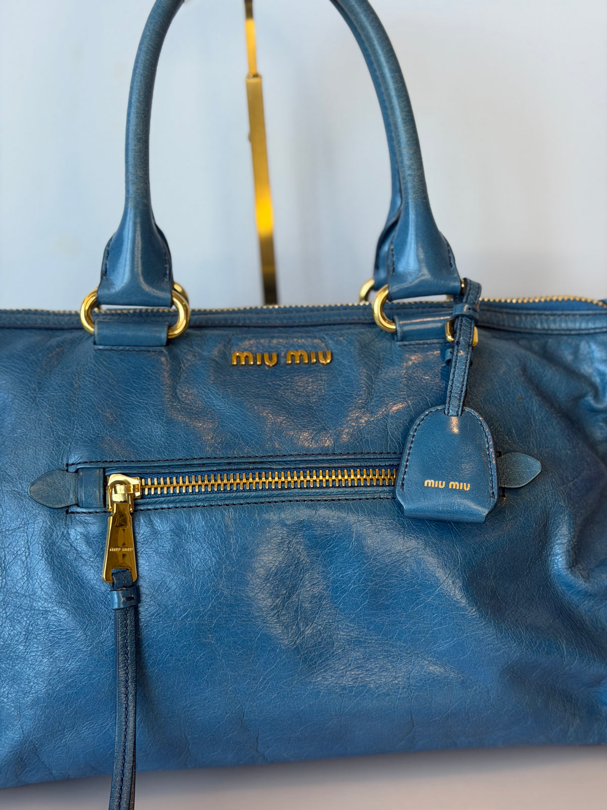 Miu Miu Vitello Shine Bauletto / Zip Tote - Oceano Blue