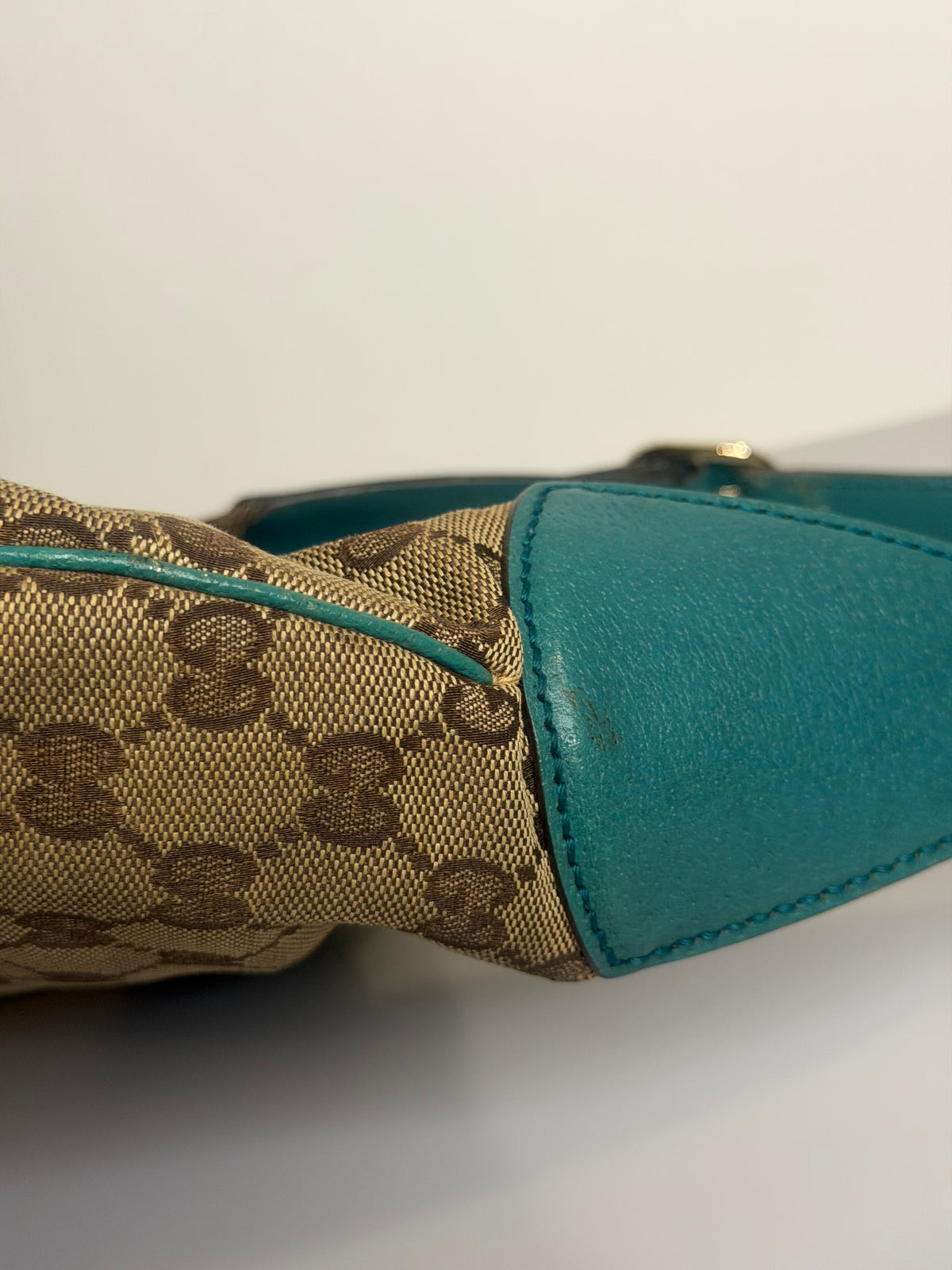 Vintage Gucci Jackie O GG Monogram Shoulder Bag — Turquoise Leather Trims
