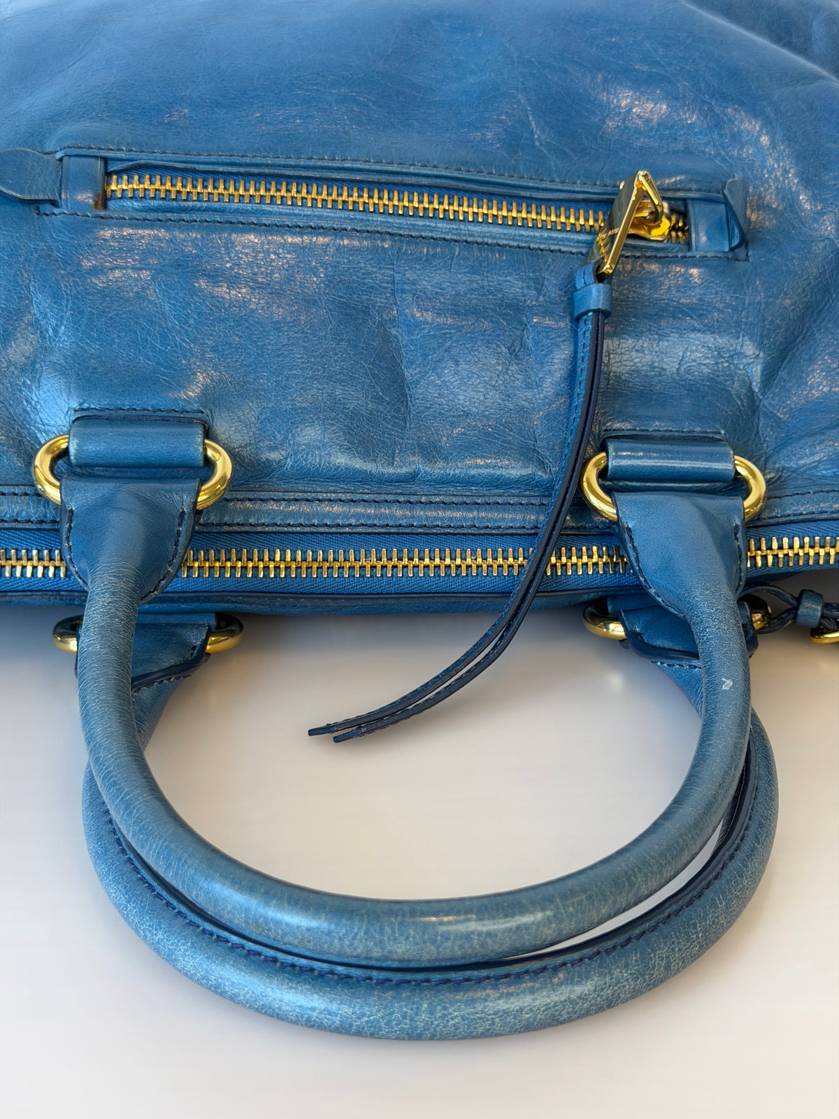 Miu Miu Vitello Shine Bauletto / Zip Tote - Oceano Blue
