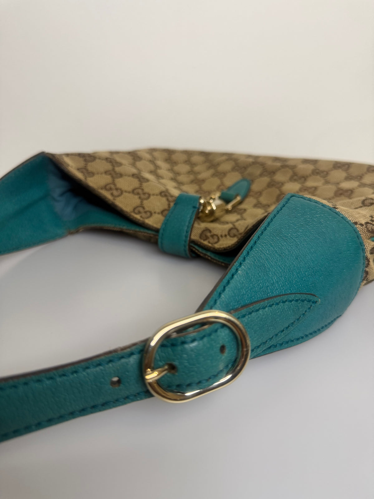 Vintage Gucci Jackie O GG Monogram Shoulder Bag — Turquoise Leather Trims