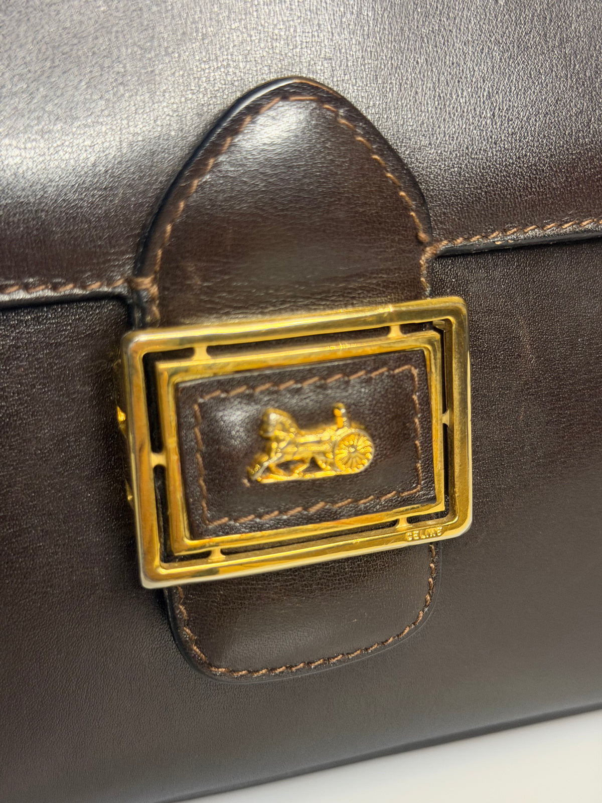 Archival Vintage Celine Paris Horse Carriage Box Shoulder Bag - Dark Brown