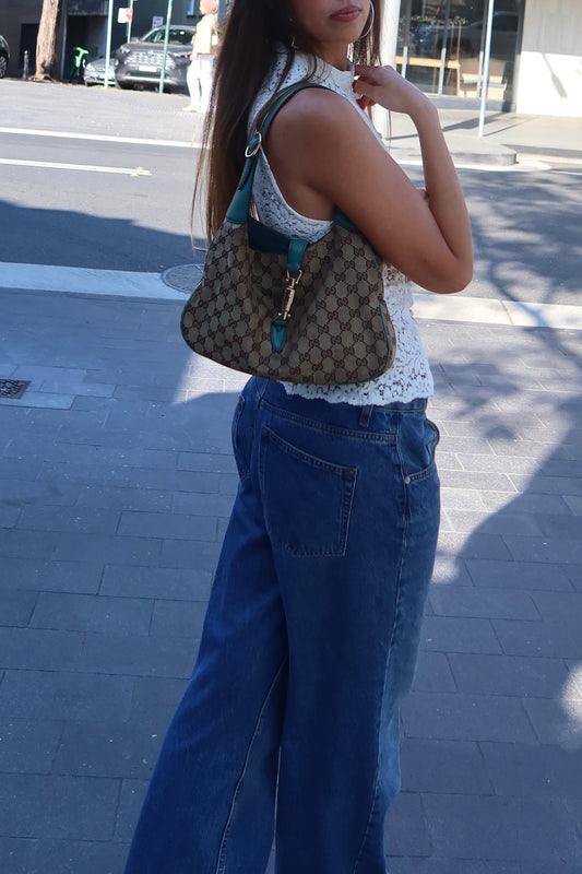 Vintage Gucci Jackie O GG Monogram Shoulder Bag — Turquoise Leather Trims