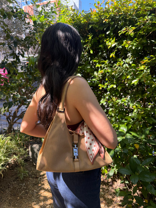 Rare Gucci Perforated Leather Jackie x Bardot Tan Hobo Shoulder Bag w/ Pouch