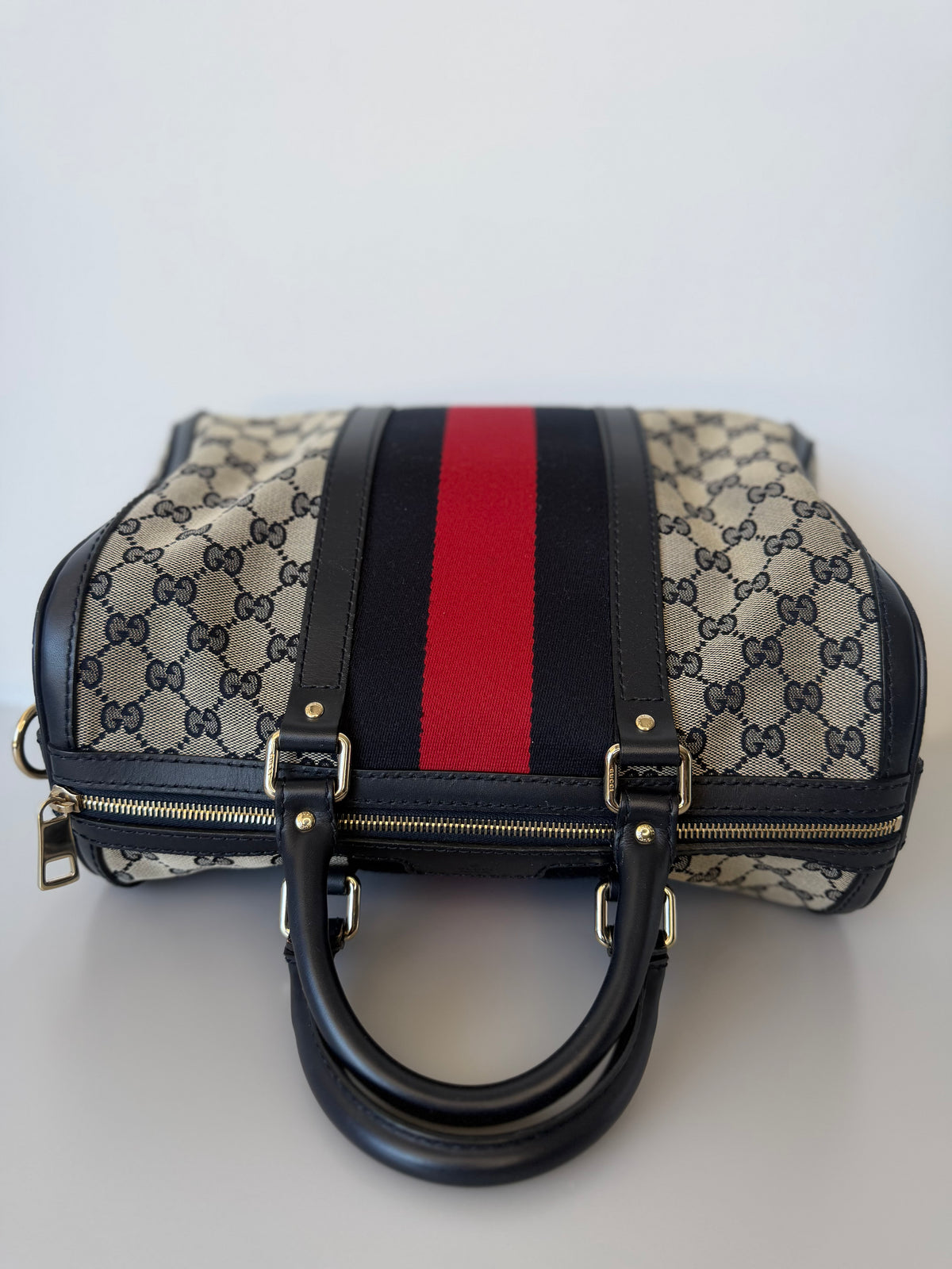 Vintage Gucci Web Original Medium GG Boston Bag - GG Canvas/Dark Navy