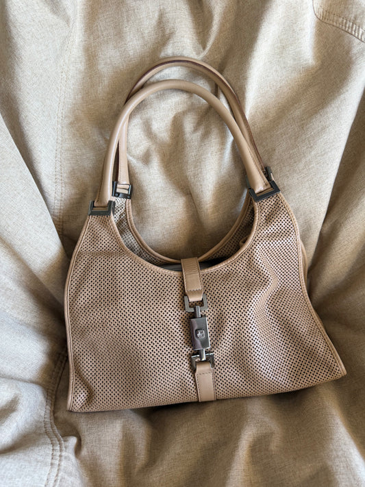 Rare Gucci Perforated Leather Jackie x Bardot Tan Hobo Shoulder Bag w/ Pouch
