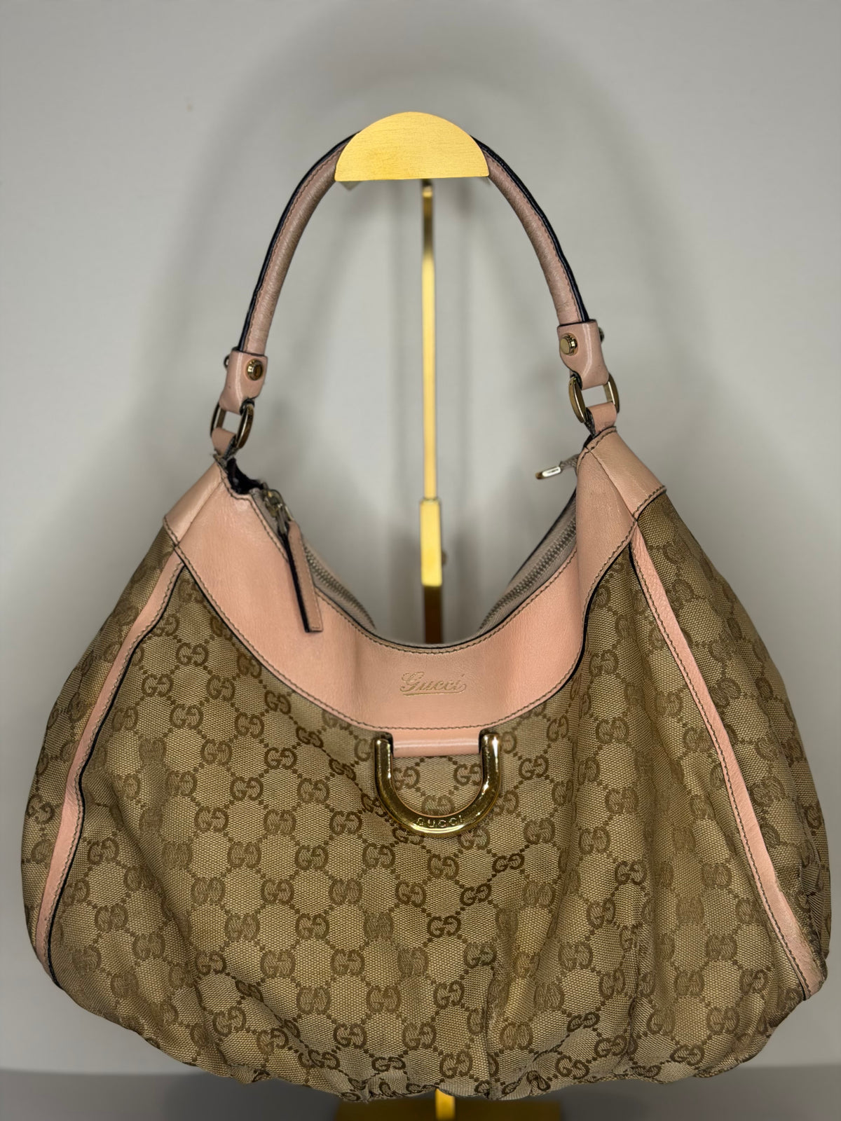 Gucci Abbey D-Ring Monogram Hobo Bag with Pastel Pink Leather Trim