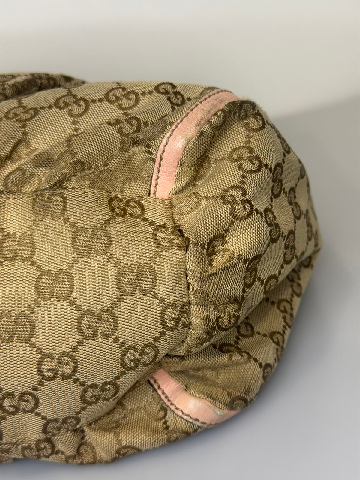 Gucci Abbey D-Ring Monogram Hobo Bag with Pastel Pink Leather Trim