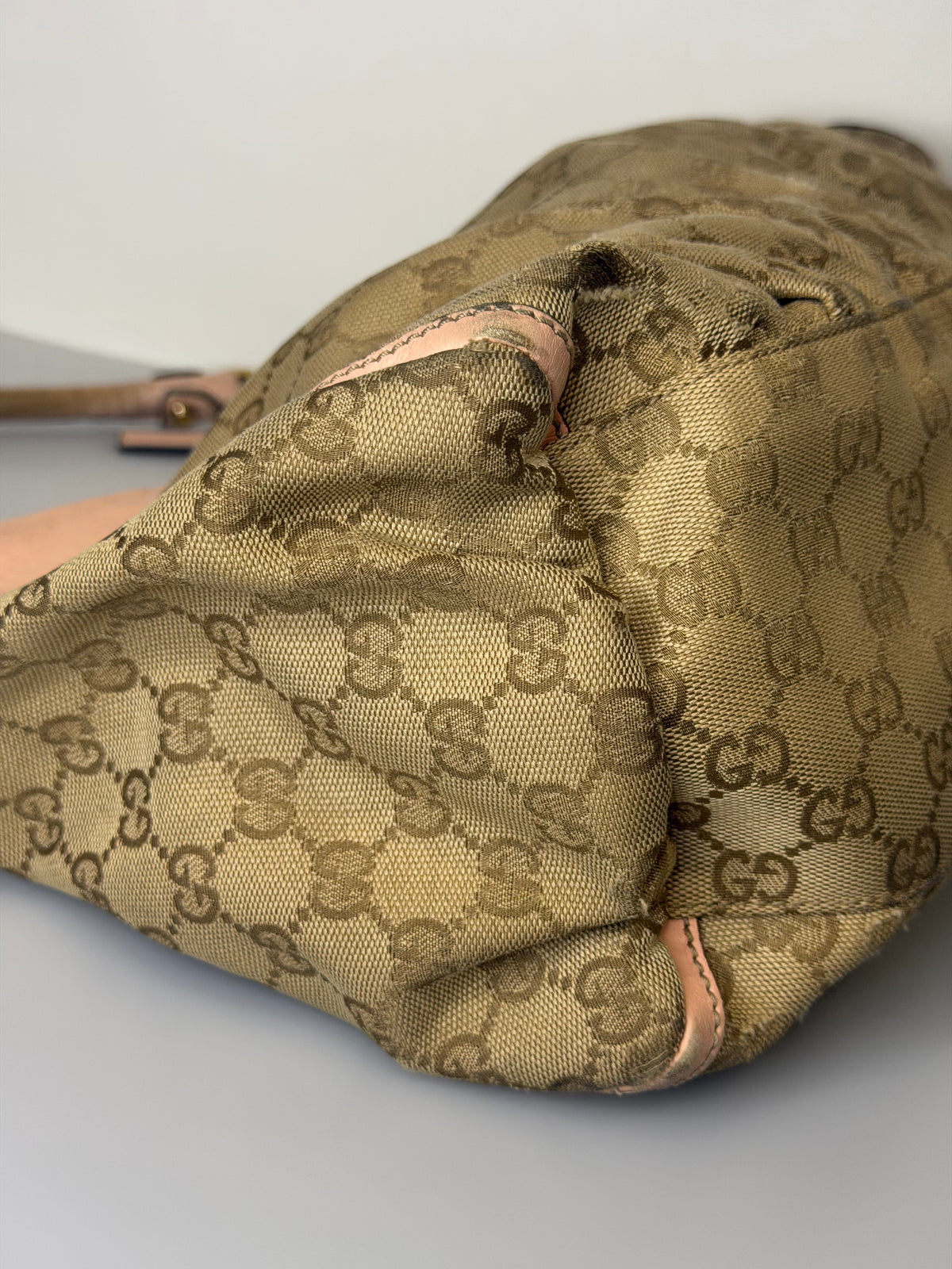 Gucci Abbey D-Ring Monogram Hobo Bag with Pastel Pink Leather Trim